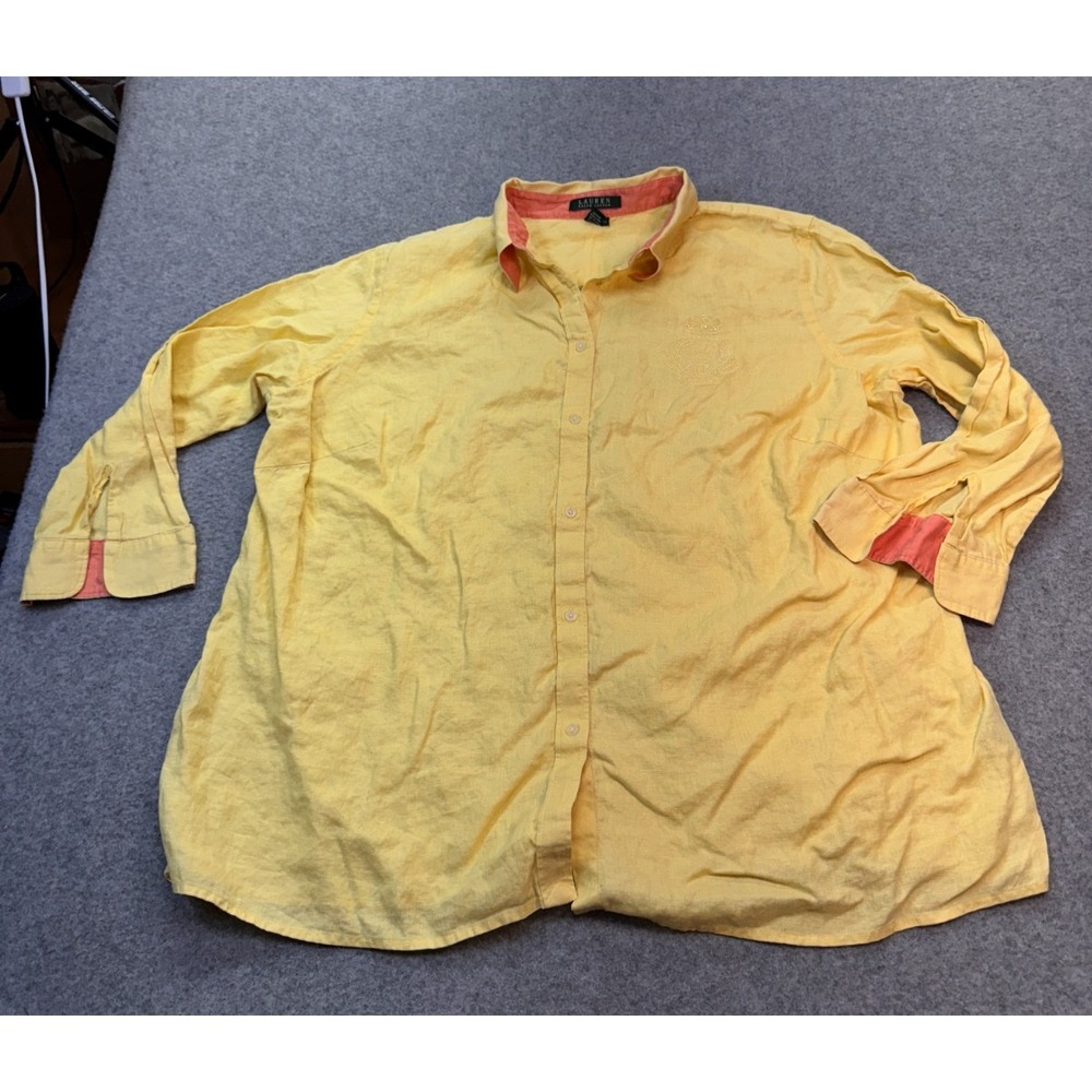 Lauren Ralph Lauren 2X Yellow Linen Button Up Shirt Crest Logo Coral Trim